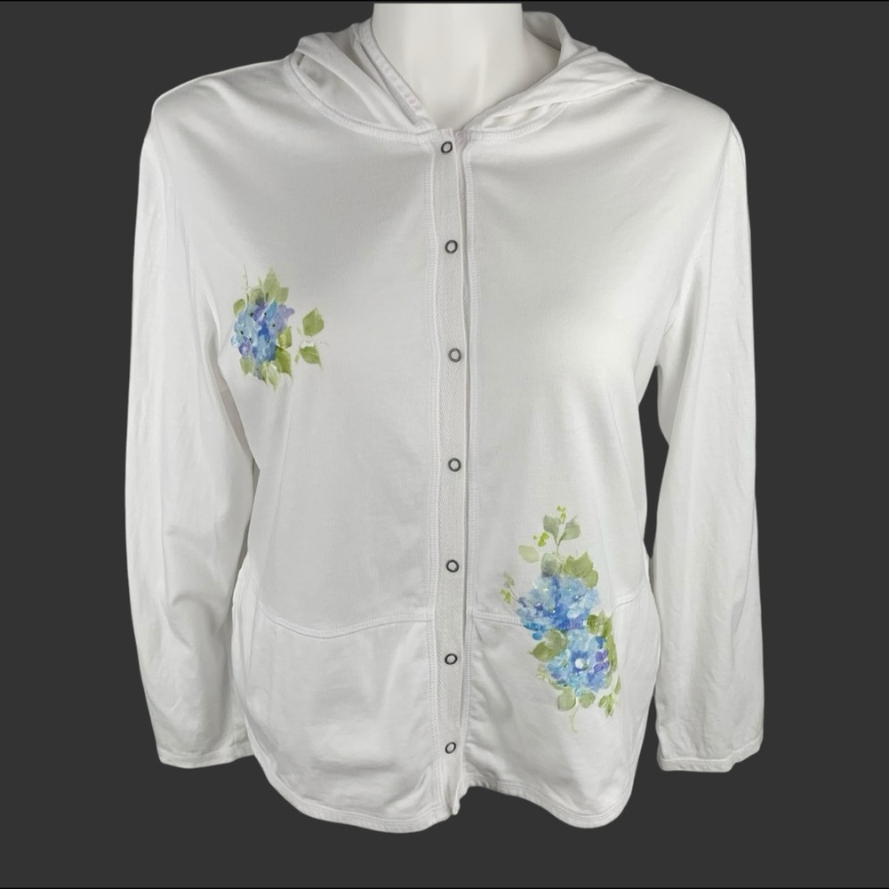 J.Jill White Snap Button 100% Cotton Hoodie w/ Painted Floral Women’s Size Large